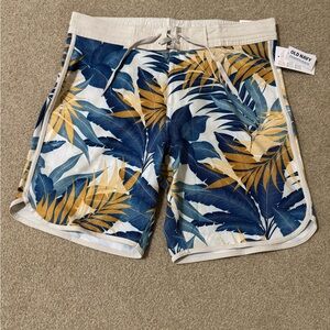 Old Navy Men's Leaf Print Swim Trunks - Blue and Yellow
